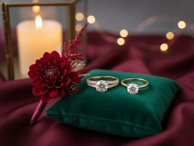 Rose Gold Pave Set Diamond Engagement Ring and Yellow Gold Diamond Solitaire Ring